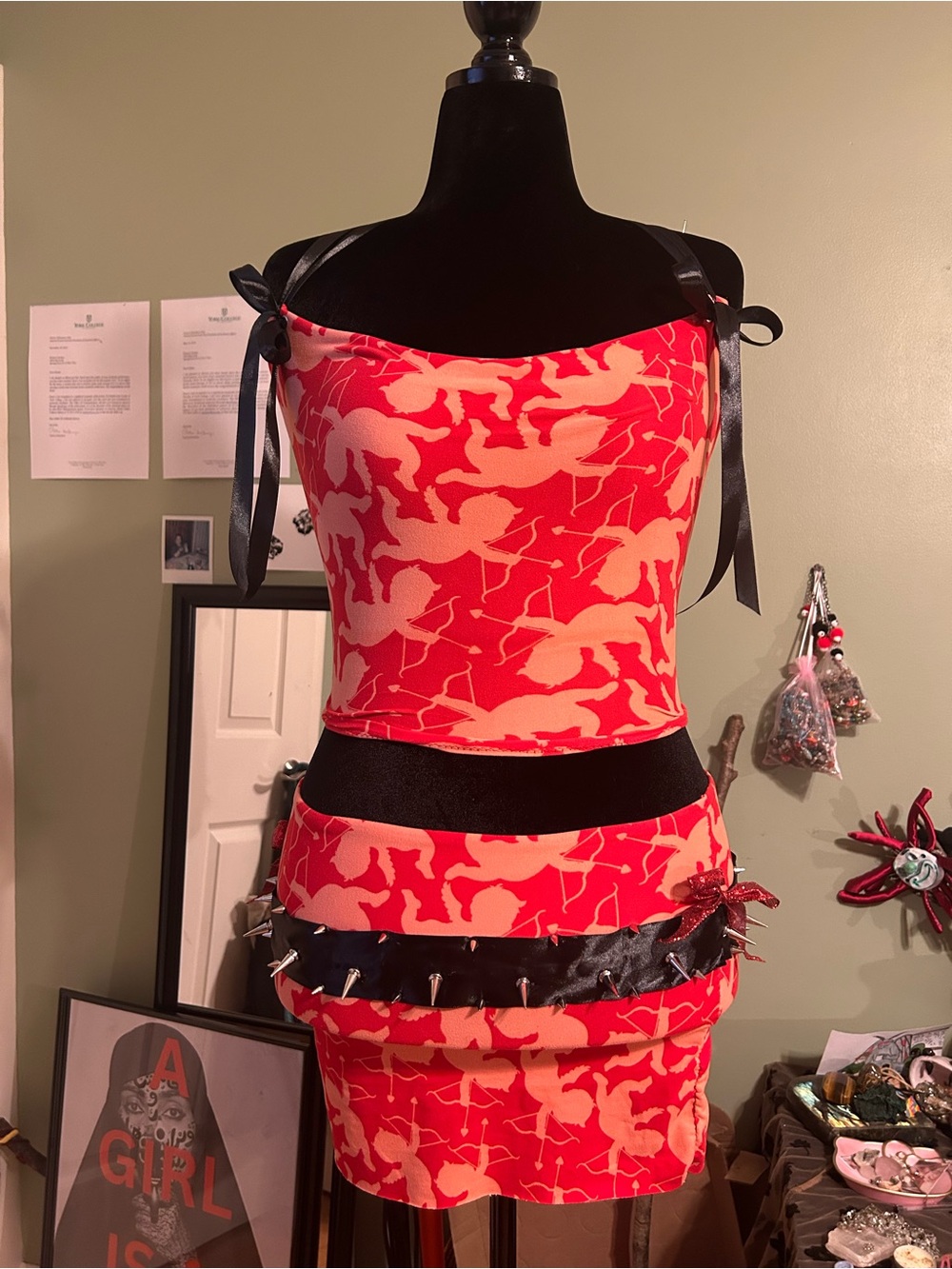 Red and Cream Patterned Two-Piece Skirt Set